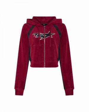 Burgundy Trapstar TS- Star Contrast Panel Velour Women's Hoodie | SXYDPV-284