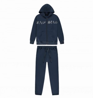 Navy Trapstar Script Zip Hoodie Men's Tracksuits | QSPKTR-749