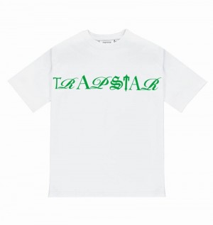 White / Green Trapstar Script Tee Men's T Shirts | EGSKPM-215