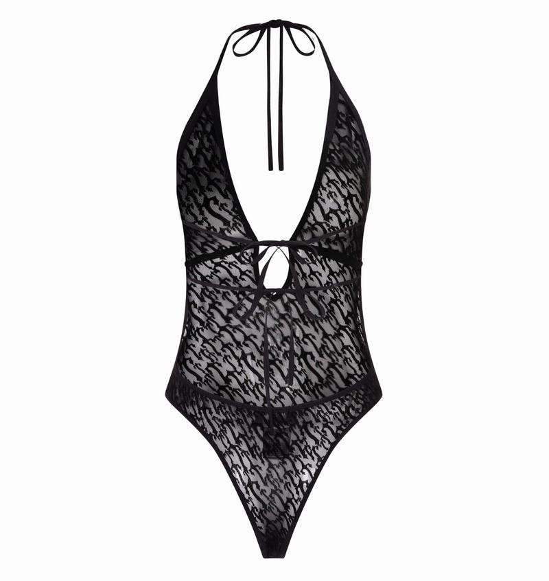 Black Trapstar Jacquard Mesh Halterneck Women's Bodysuit | MKPBXL-569