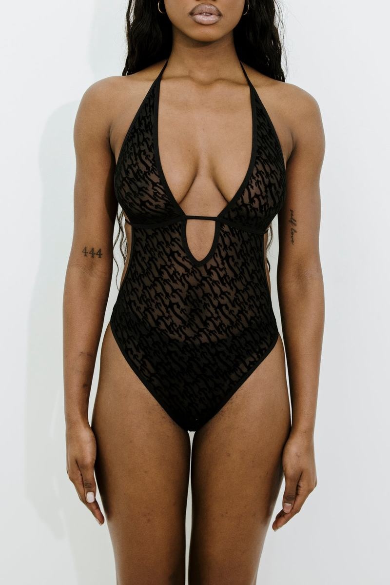 Black Trapstar Jacquard Mesh Halterneck Women's Bodysuit | MKPBXL-569