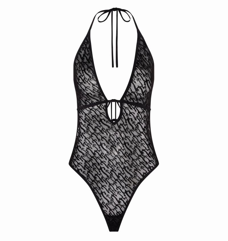 Black Trapstar Jacquard Mesh Halterneck Women\'s Bodysuit | MKPBXL-569