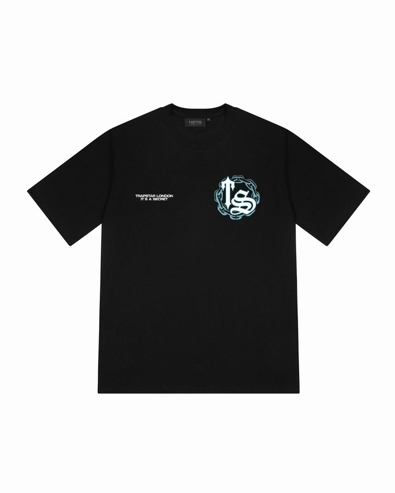 Black / Turquoise Trapstar Chain Script Tee Men's T Shirts | QMPSGJ-270