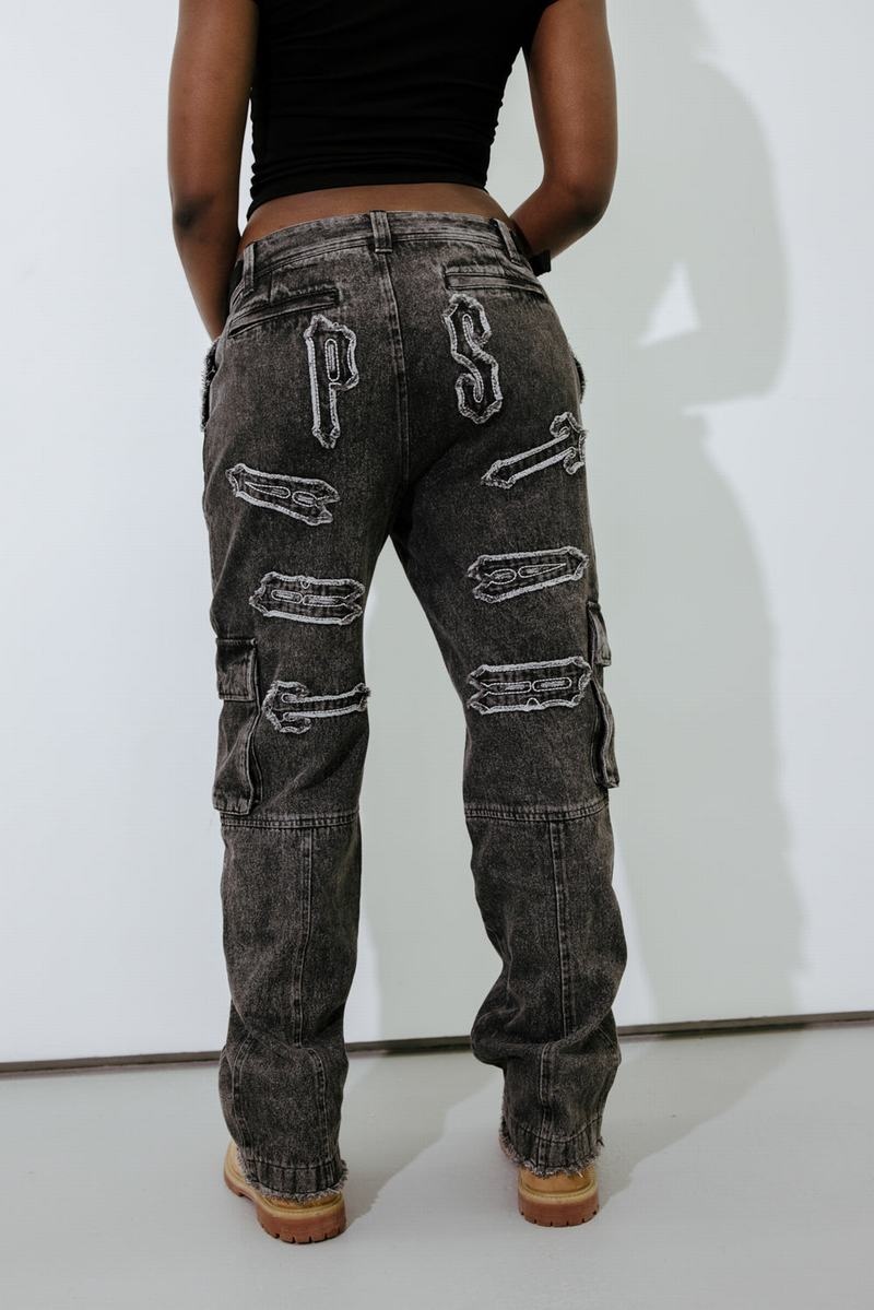 Blue Trapstar Arch Applique Distressed Denim Look Cargo Women's Pants | BEQNFW-109