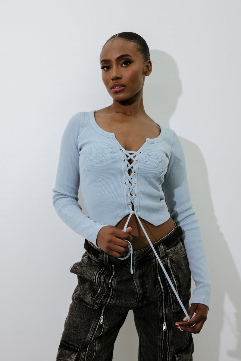 Blue Wash Trapstar Lace Up Appliqué Women's Tops | NFIXDY-381