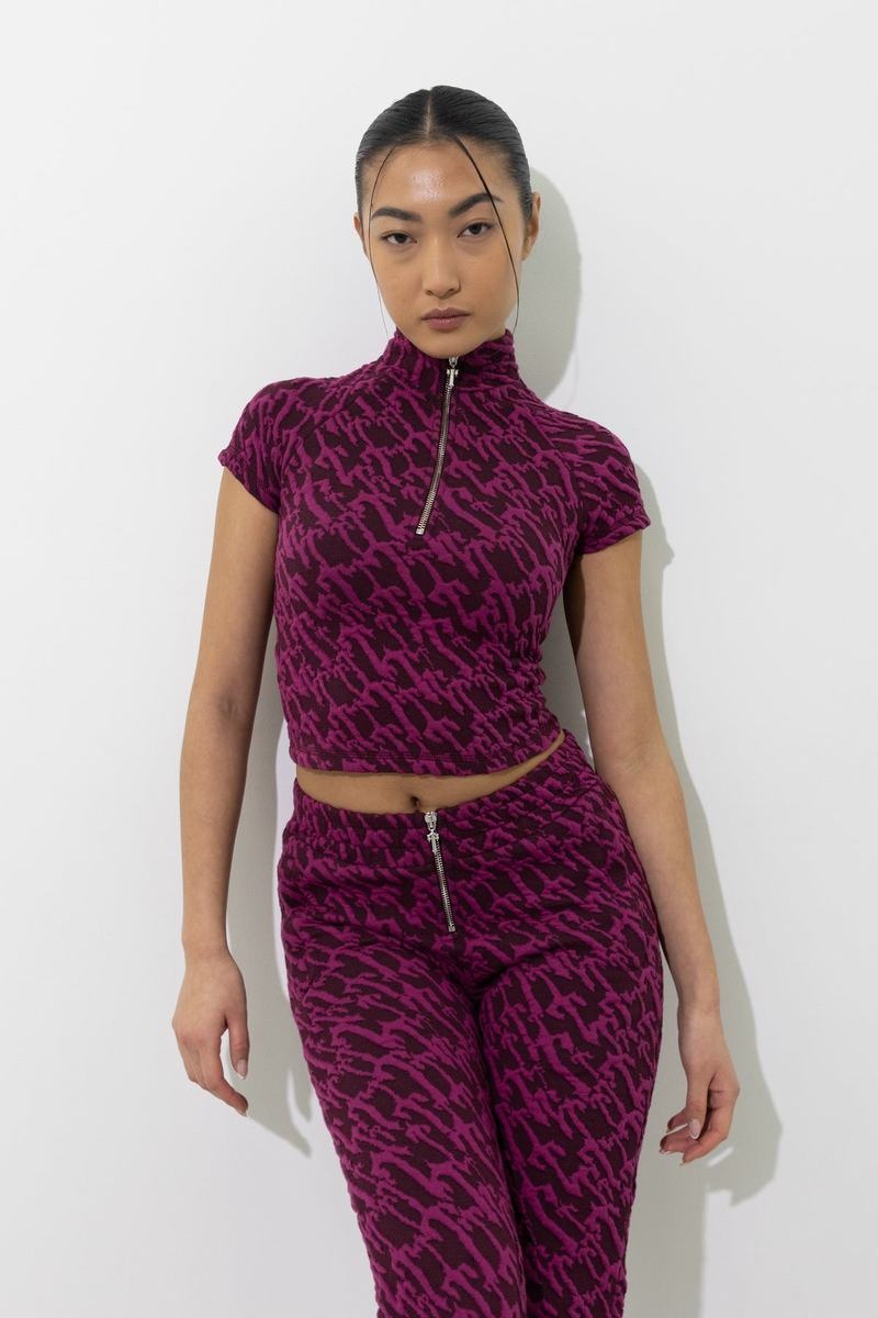 Burgundy Pink Trapstar Jacquard Fitted Zip Crop Women's Tops | VOHXQG-861