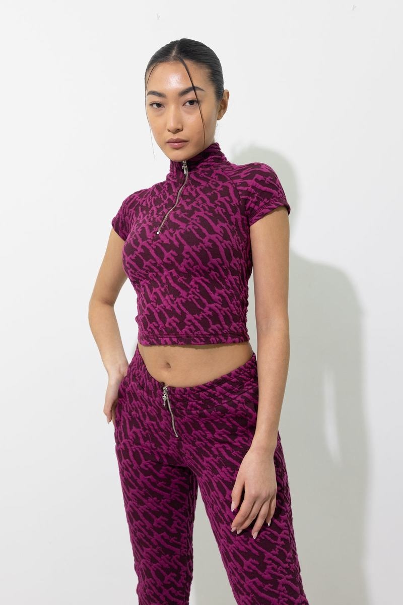 Burgundy Pink Trapstar Jacquard Fitted Zip Crop Women's Tops | VOHXQG-861