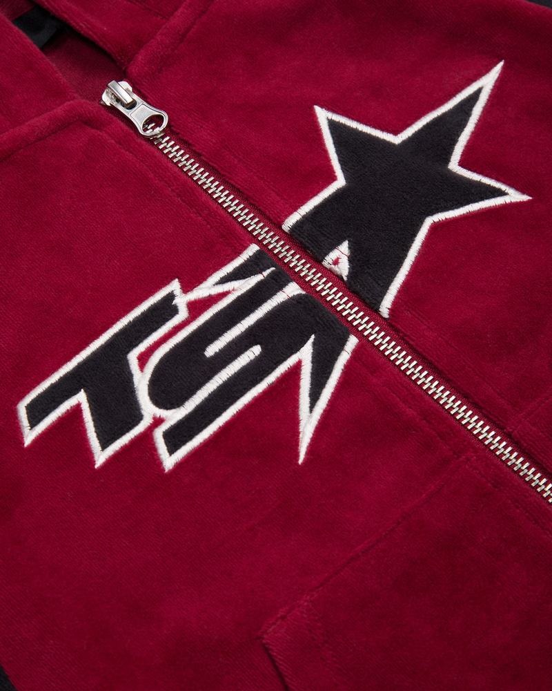 Burgundy Trapstar TS- Star Contrast Panel Velour Hoodie Women's Tracksuits | NMDILC-543