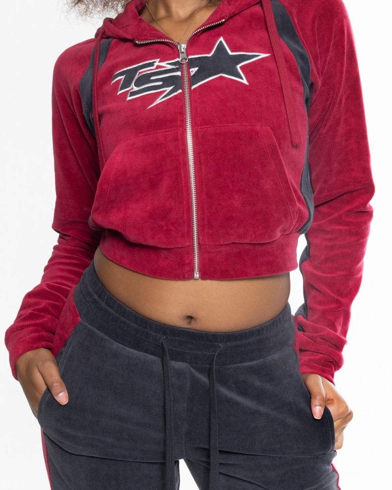 Burgundy Trapstar TS- Star Contrast Panel Velour Hoodie Women's Tracksuits | NMDILC-543