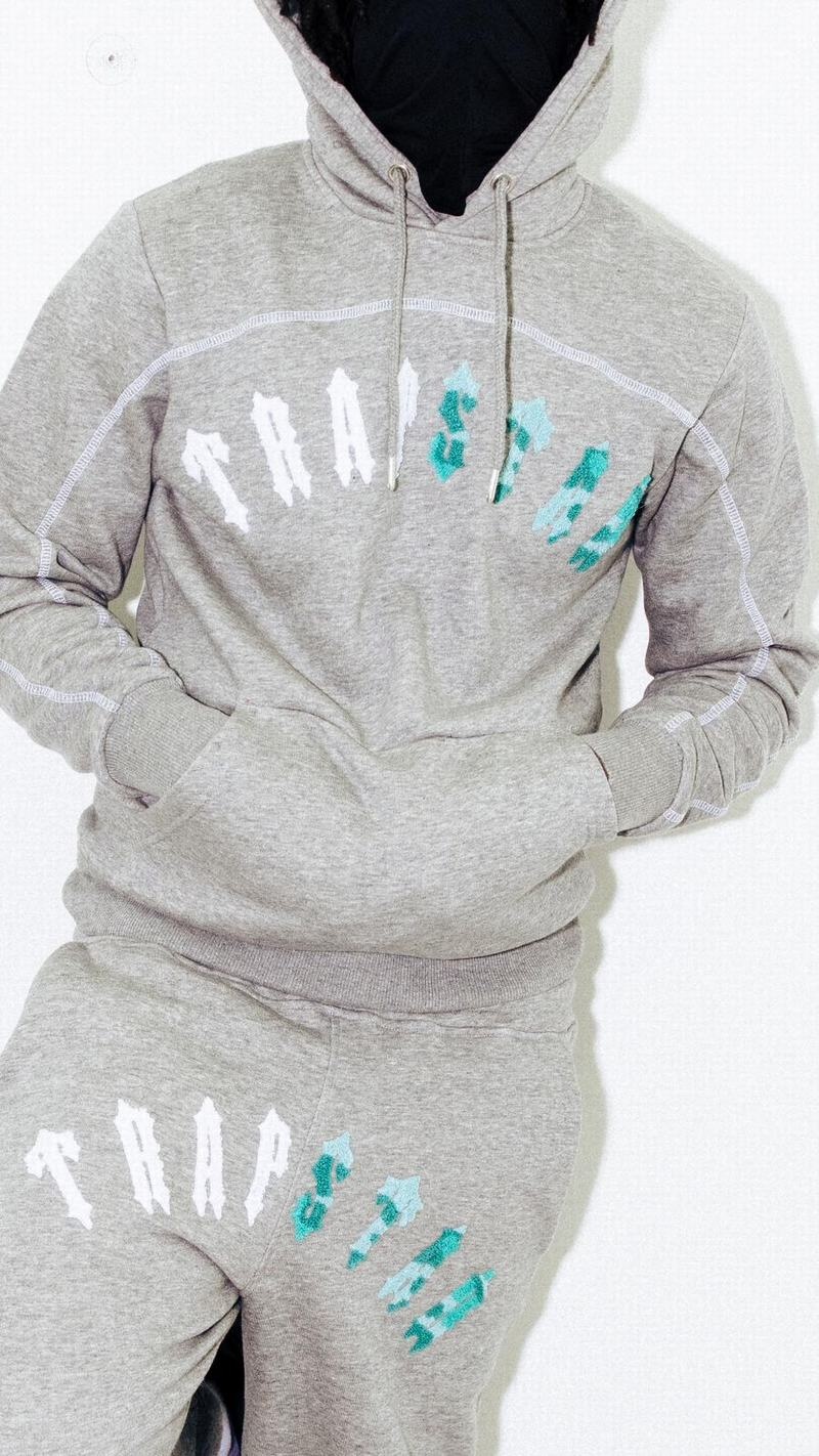 Grey / Blue Trapstar Irongate Chenille Arch Hooded Men's Tracksuits | JENWLC-467