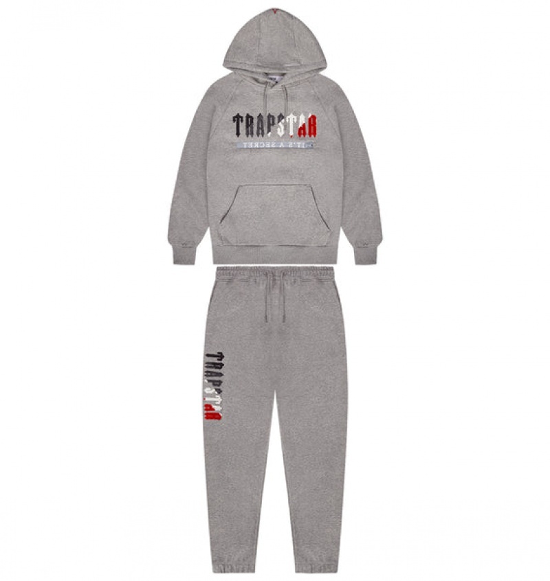 Grey / Red Trapstar Chenille Decoded 2.0 Hooded Men\'s Tracksuits | AJVZWQ-023