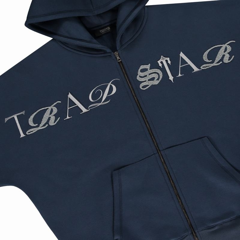 Navy Trapstar Script Zip Hoodie Men's Tracksuits | QSPKTR-749