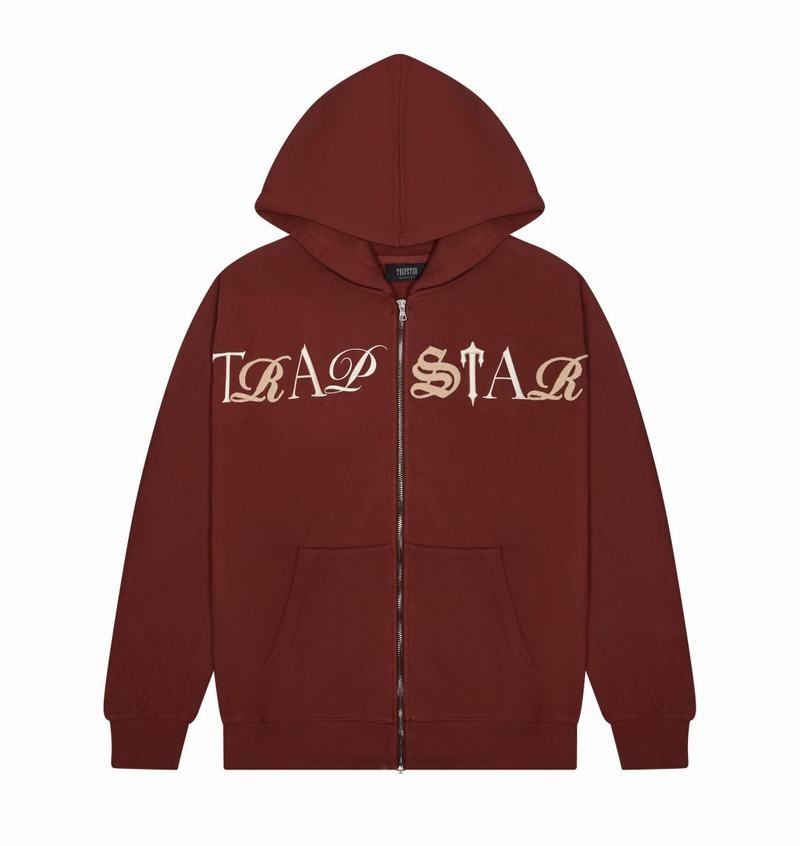 Red Trapstar Script Zip Through Hoodie Men's Tracksuits | VHNBGQ-987