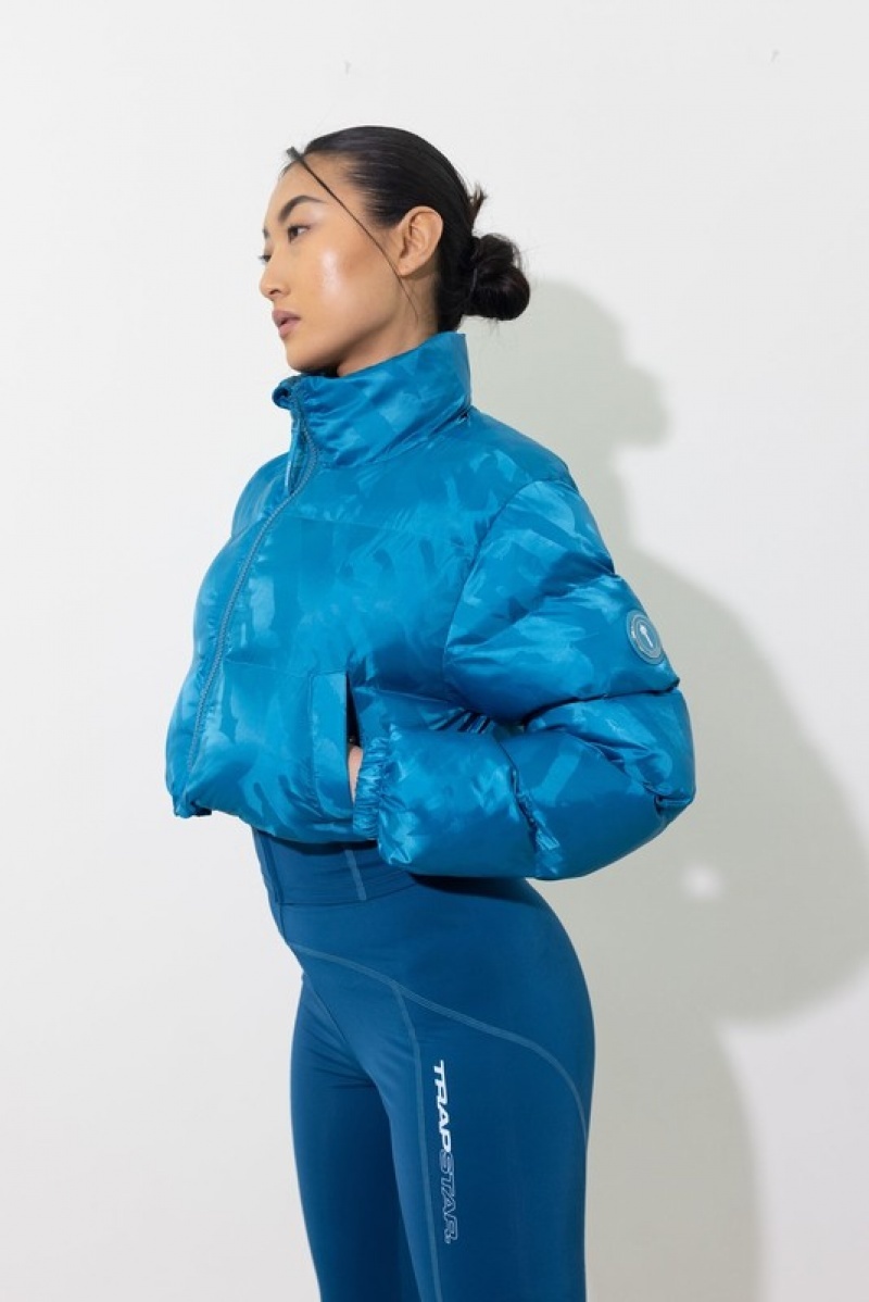 Turquoise Trapstar Cropped T Jacquard Puffer Women's Jackets | CGSVFA-532