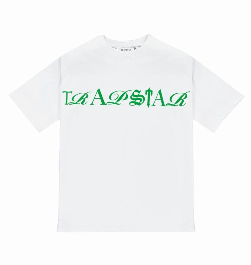 White / Green Trapstar Script Tee Men\'s T Shirts | EGSKPM-215